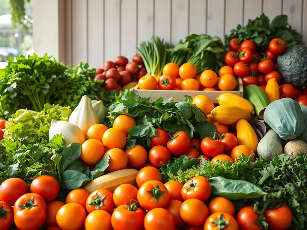 Colorful fruits and vegetables displayed in a market setting.