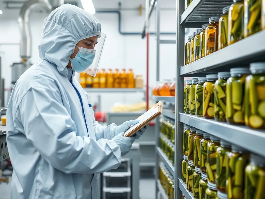 A worker examining jars of pickles in a production facility.