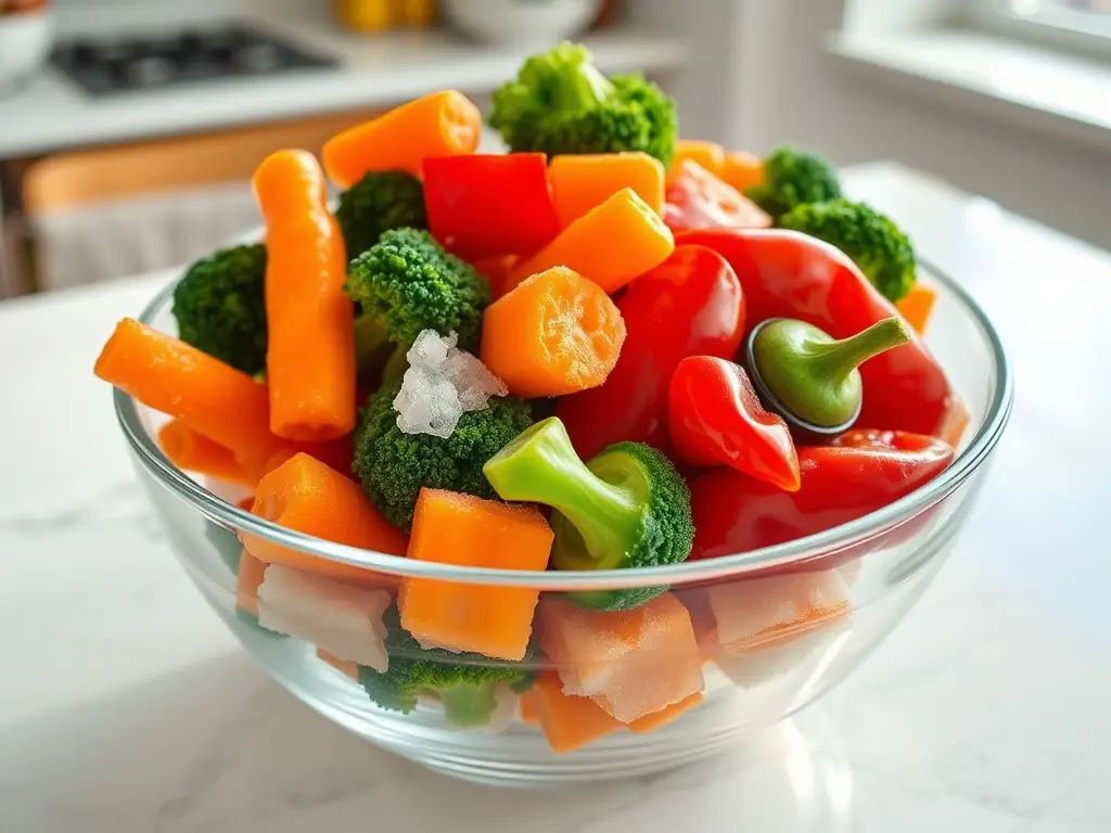 Frozen mixed vegetables in a clear glass bowl on a kitchen table.