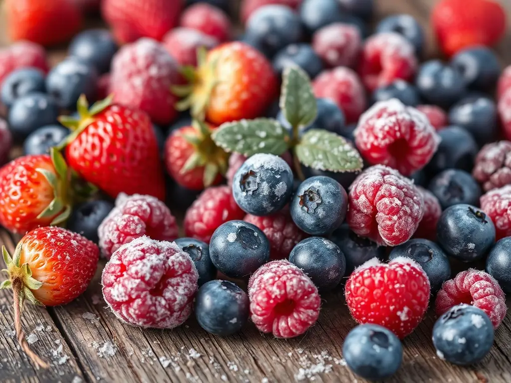 Close-up of frozen berries scattered on a wooden surface.