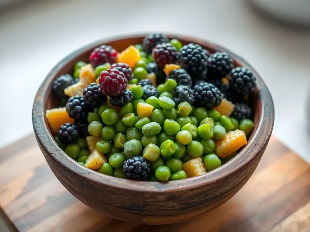 Assorted frozen fruits and vegetables in a rustic wooden bowl.