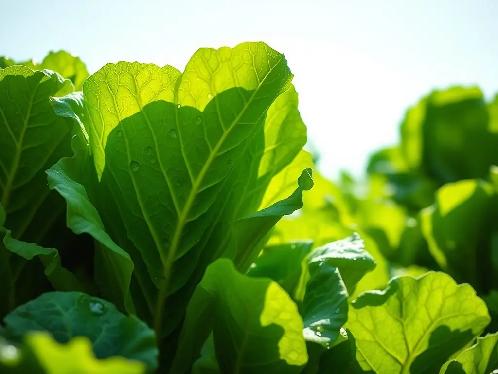 Crisp green lettuce leaves growing in a sunlit field.
