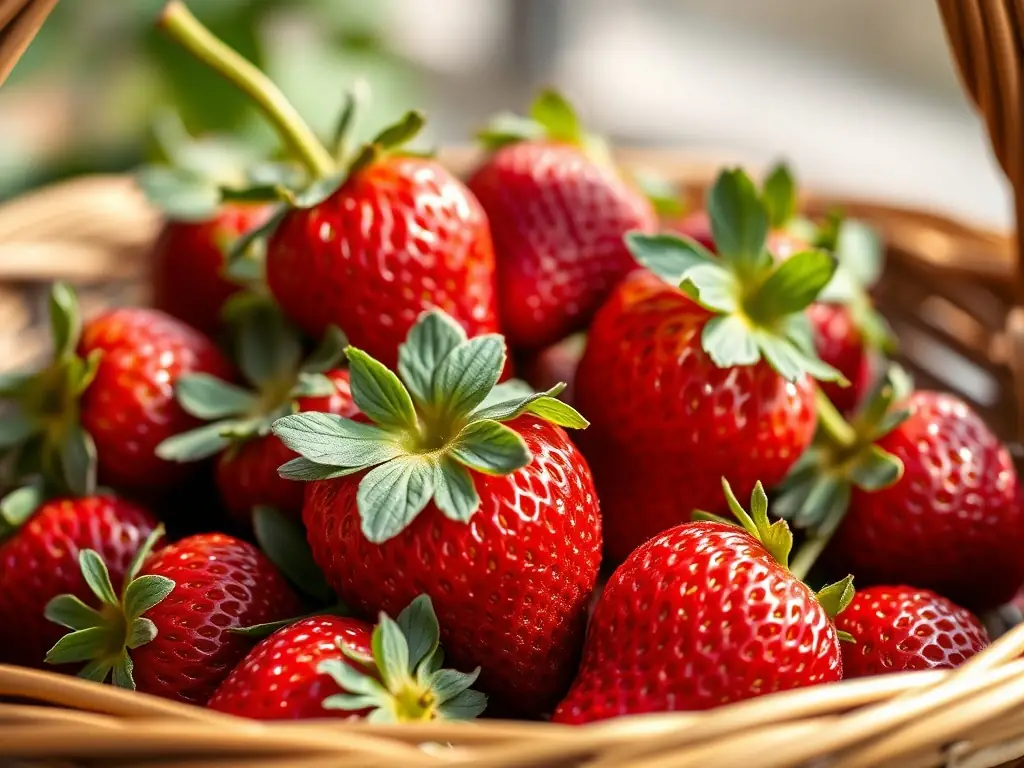 A close-up of ripe strawberries in a woven basket.